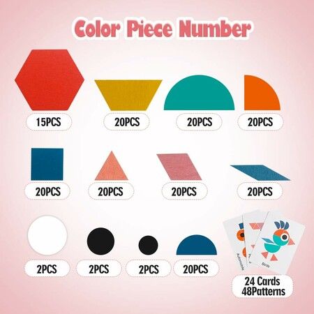 180 Pcs Wooden Pattern Blocks Set Kindergarten Classic Educational Montessori Toys for Kids Toddlers Ages 4-8