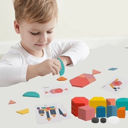 180 Pcs Wooden Pattern Blocks Set Kindergarten Classic Educational Montessori Toys for Kids Toddlers Ages 4-8