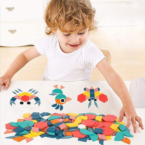 180 Pcs Wooden Pattern Blocks Set Kindergarten Classic Educational Montessori Toys for Kids Toddlers Ages 4-8