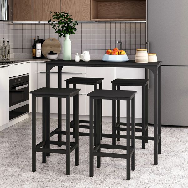 5PCS Bar Table Set 4 Stools Chairs Black Dining Room Kitchen Breakfast Counter Narrow Modern Furniture Wooden Top Metal Legs