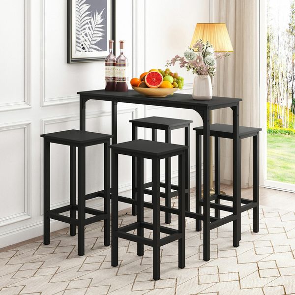 5PCS Bar Table Set 4 Stools Chairs Black Dining Room Kitchen Breakfast Counter Narrow Modern Furniture Wooden Top Metal Legs