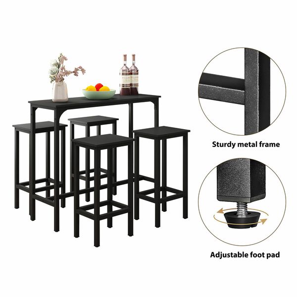 5PCS Bar Table Set 4 Stools Chairs Black Dining Room Kitchen Breakfast Counter Narrow Modern Furniture Wooden Top Metal Legs