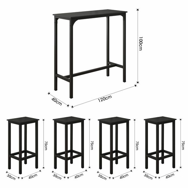 5PCS Bar Table Set 4 Stools Chairs Black Dining Room Kitchen Breakfast Counter Narrow Modern Furniture Wooden Top Metal Legs