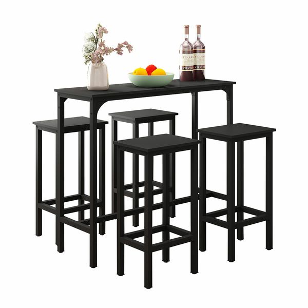 5PCS Bar Table Set 4 Stools Chairs Black Dining Room Kitchen Breakfast Counter Narrow Modern Furniture Wooden Top Metal Legs