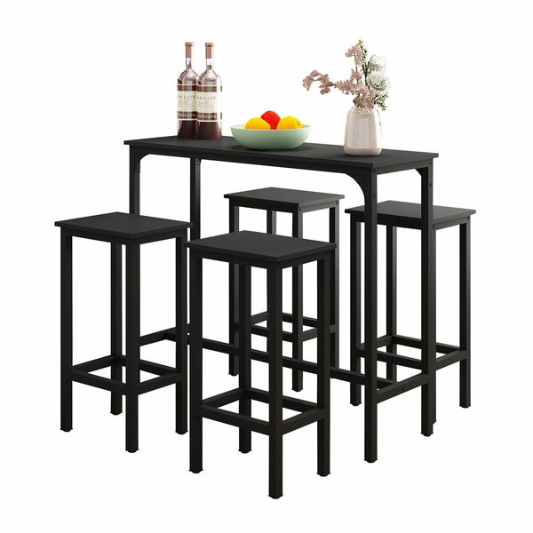 5PCS Bar Table Set 4 Stools Chairs Black Dining Room Kitchen Breakfast Counter Narrow Modern Furniture Wooden Top Metal Legs