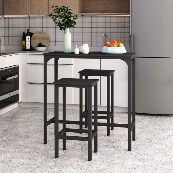 3PCS Bar Table Set 2 Stools Chairs Kitchen Dining Room Counter Breakfast Narrow Furniture Modern Wooden Top Metal Legs Black