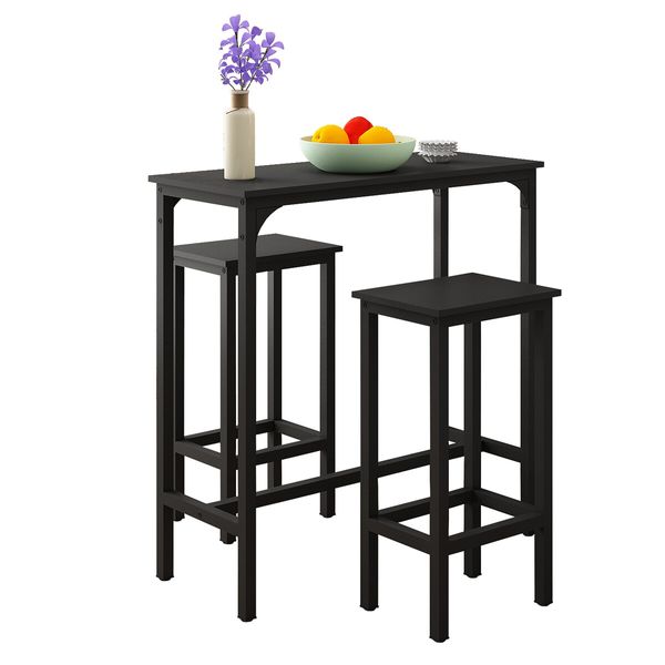 3PCS Bar Table Set 2 Stools Chairs Kitchen Dining Room Counter Breakfast Narrow Furniture Modern Wooden Top Metal Legs Black