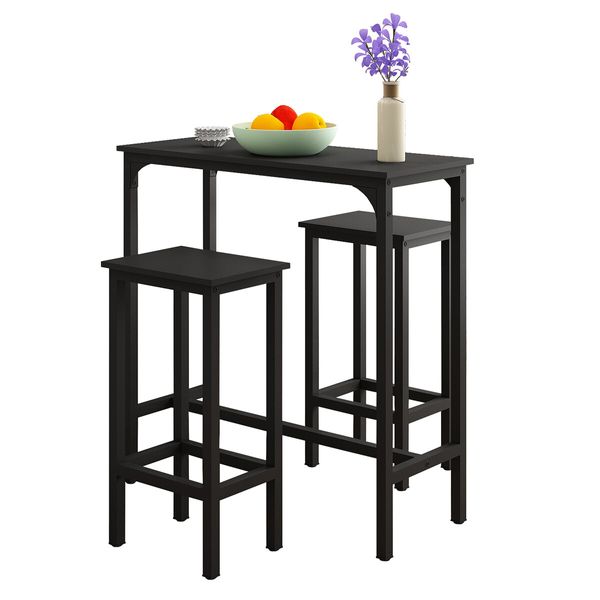 3PCS Bar Table Set 2 Stools Chairs Kitchen Dining Room Counter Breakfast Narrow Furniture Modern Wooden Top Metal Legs Black