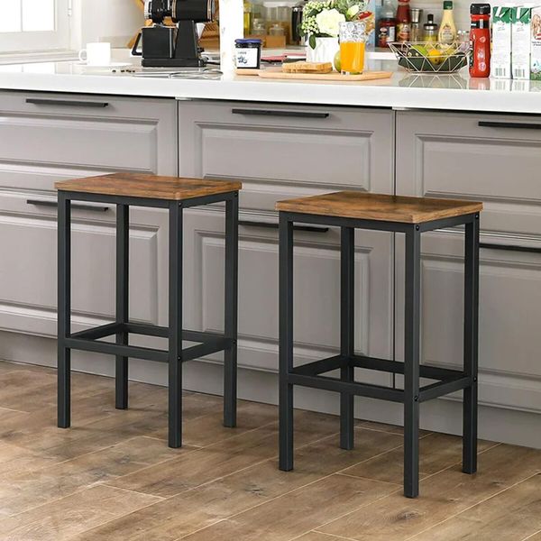 2 Bar Kitchen Stools Dining Room Counter Breakfast Chairs Plant Flower Pot Stand Modern Bench Seat Wooden Top Metal Legs