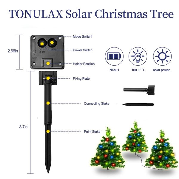 2pcs Christmas Tree Solar Powered Prelit Christmas Tree with Multicolored LED Lights Outdoor Decorations, Holiday