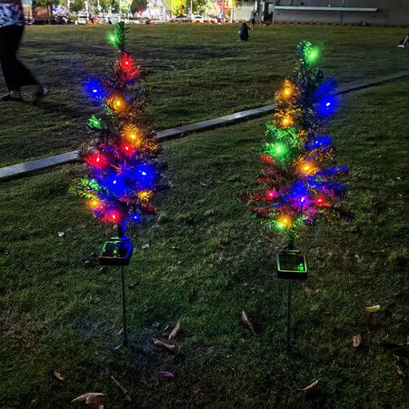 2pcs Christmas Tree Solar Powered Prelit Christmas Tree with Multicolored LED Lights Outdoor Decorations, Holiday