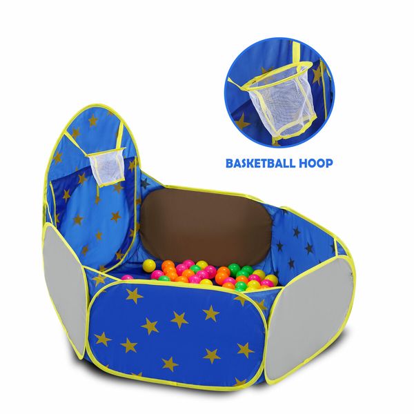 Kids Pop Up Tent Ball Pit Basketball Hoop Dollhouse Indoor Playground Teepee Playhouse Princess Castle Crawl Tunnel Outdoor Playset Blue