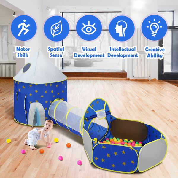 Kids Pop Up Tent Ball Pit Basketball Hoop Dollhouse Indoor Playground Teepee Playhouse Princess Castle Crawl Tunnel Outdoor Playset Blue