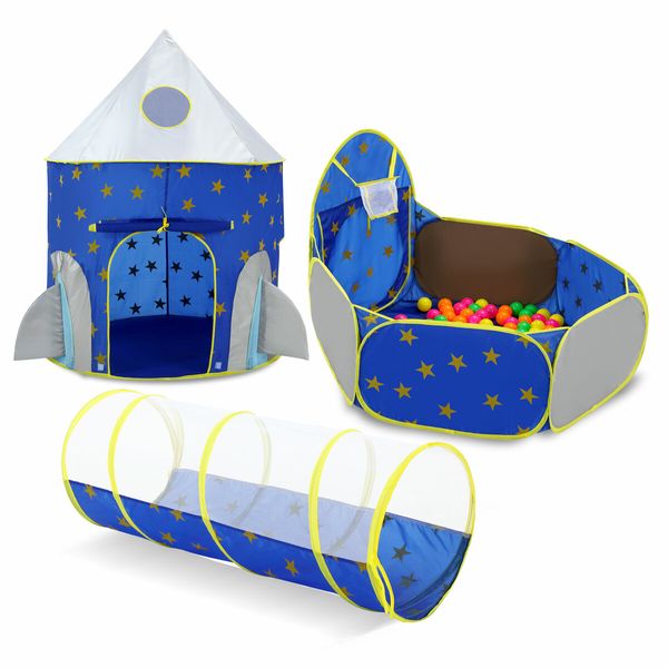 Kids Pop Up Tent Ball Pit Basketball Hoop Dollhouse Indoor Playground Teepee Playhouse Princess Castle Crawl Tunnel Outdoor Playset Blue