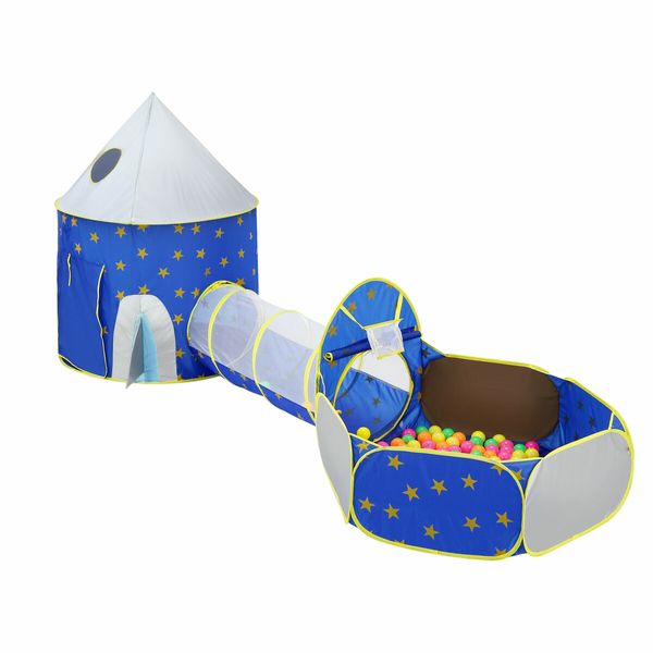 Kids Pop Up Tent Ball Pit Basketball Hoop Dollhouse Indoor Playground Teepee Playhouse Princess Castle Crawl Tunnel Outdoor Playset Blue