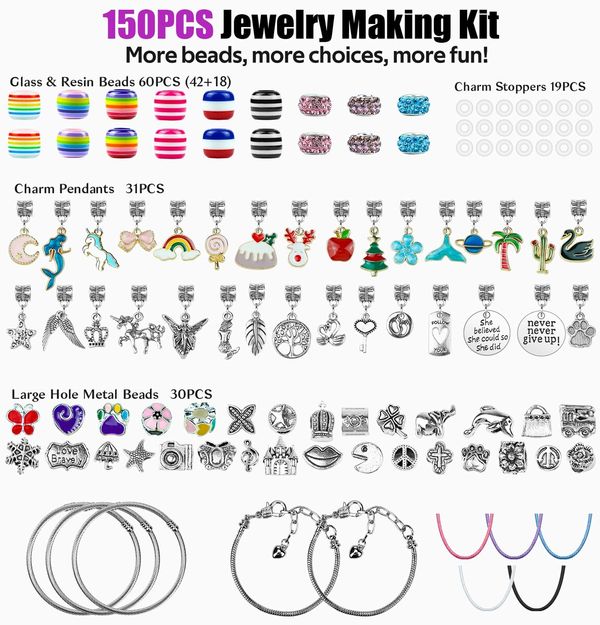 Charm Bracelet Making Kit Gionlion 150 Pcs Jewelry Beads Charm Pendants Snake Chains Unicorn Gifts for Teen Girls Ages 5+