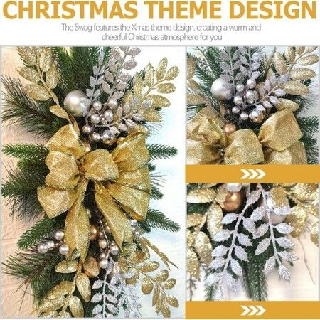 Christmas Teardrop Holiday Swag Leaves with Bow Knot and Ball Ornaments for Staircase Decoration Teardrop Hanging Ornament (Golden 1 Pcs)