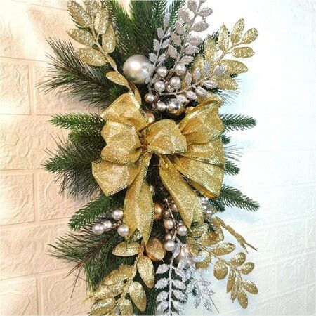 Christmas Teardrop Holiday Swag Leaves with Bow Knot and Ball Ornaments for Staircase Decoration Teardrop Hanging Ornament (Golden 1 Pcs)