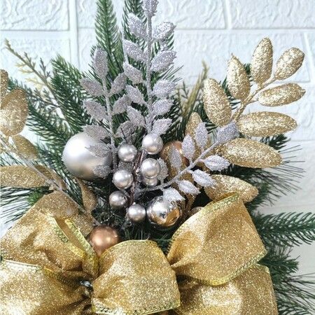Christmas Teardrop Holiday Swag Leaves with Bow Knot and Ball Ornaments for Staircase Decoration Teardrop Hanging Ornament (Golden 1 Pcs)