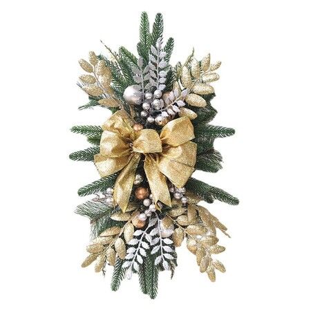 Christmas Teardrop Holiday Swag Leaves with Bow Knot and Ball Ornaments for Staircase Decoration Teardrop Hanging Ornament (Golden 1 Pcs)