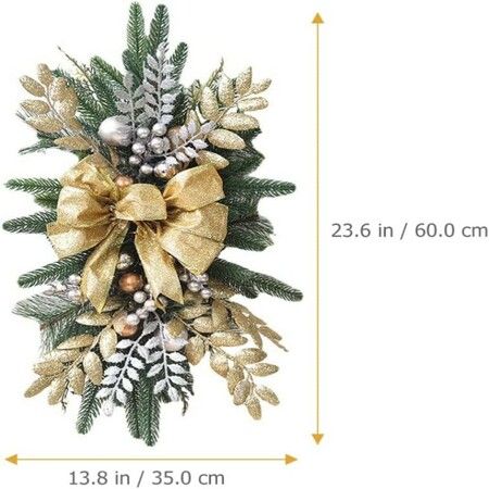 Christmas Teardrop Holiday Swag Leaves with Bow Knot and Ball Ornaments for Staircase Decoration Teardrop Hanging Ornament (Golden 1 Pcs)