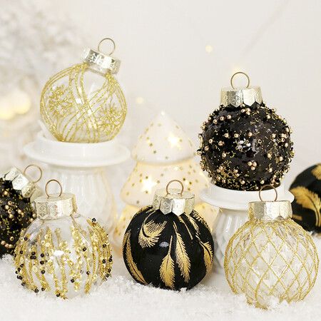 25 Pcs 6 cm Christmas Ball Ornaments Tree Pendants Shatterproof Stuffed Decoration for Xmas Wedding Party (Black & Gold)