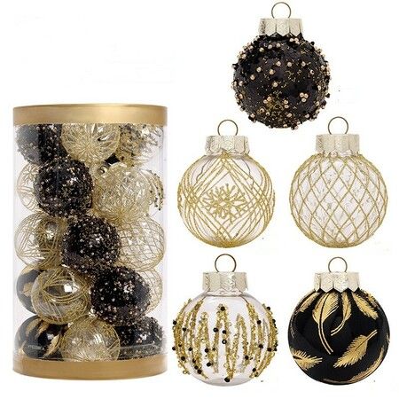 25 Pcs 6 cm Christmas Ball Ornaments Tree Pendants Shatterproof Stuffed Decoration for Xmas Wedding Party (Black & Gold)