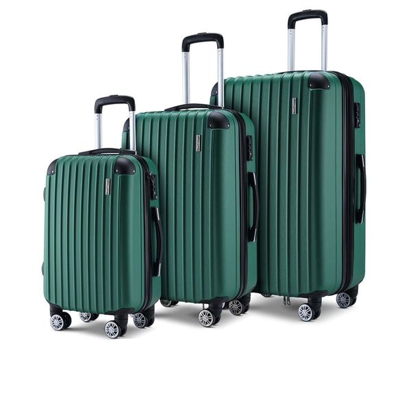 3 Piece Luggage Set Carry On Suitcases Travel Cabin Bags Hard Shell Case with Wheels Lightweight Rolling Trolley TSA Lock 2 Covers Green