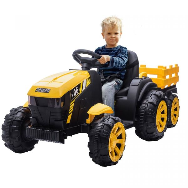 Kids Ride on Tractor Remote Control 12V Battery Electric Car Toy Vehicle Trailer MP3 Player Safety Belt LED Light Yellow