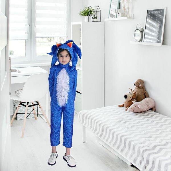 Kids Blue Sonic Costume Jumpsuit for Kids Boys Girls Aged 3-14 with Gloves and Headgear Outfits Cap