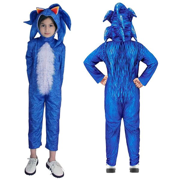 Kids Blue Sonic Costume Jumpsuit for Kids Boys Girls Aged 3-14 with Gloves and Headgear Outfits Cap