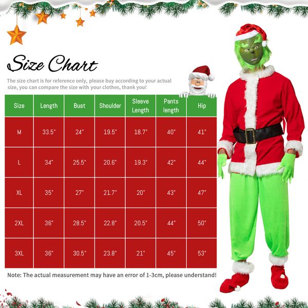 Green Deluxe Monster Costume for Men Santa Suit Set Christmas Outfit Size L for Holiday Cosplay 7PCS