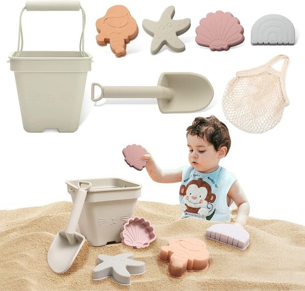 Silicone Beach Toys for Kids 3-10 - Sand Toys Set with Mesh Bag for Boys Girls (Beign)