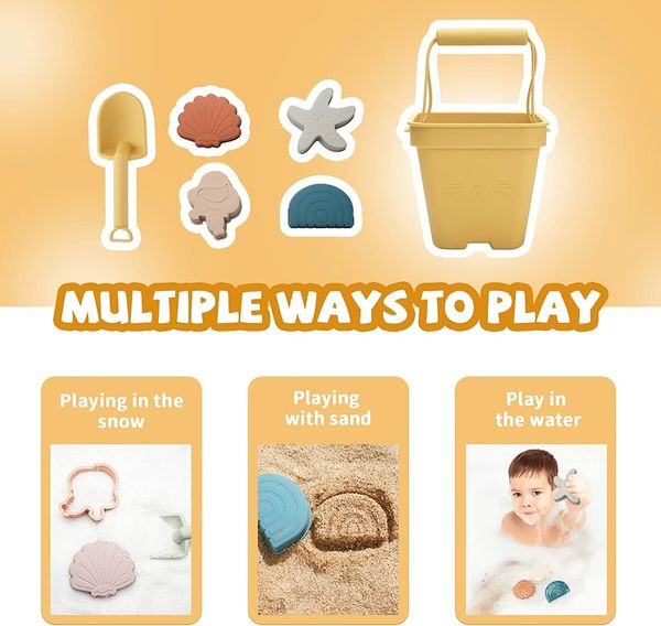 Silicone Beach Toys for Kids 3-10 - Sand Toys Set with Mesh Bag for Boys Girls (Beign)