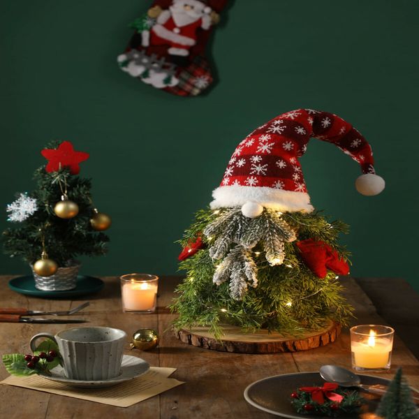 Mini Gnome Christmas Tree Tabletop Small Prelit Artificial Pine Needle Christmas Tree with Lighting Gnome Decorations