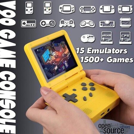 V90 Handheld Game Console 3 inch Retro Clamshell Games Consoles Built-in Rechargeable Battery Portable Style Hand Held Game Video Consoles System with Case Yellow 16GB