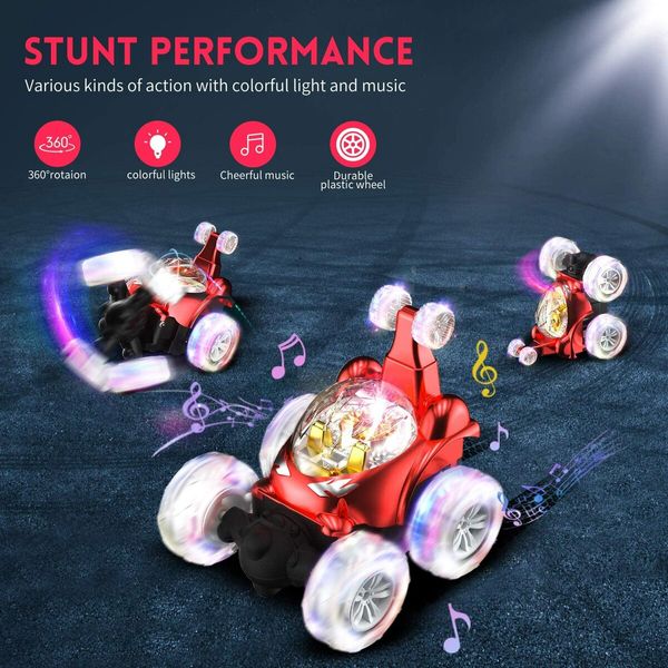 Remote Control Car RC Stunt Car Invincible 360°Rolling Twister with Colorful Lights & Music Switch Boys and Girls (Red)