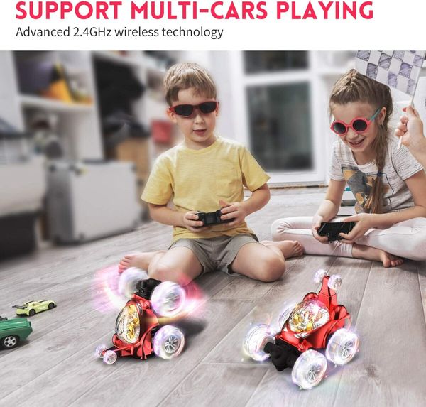 Remote Control Car RC Stunt Car Invincible 360°Rolling Twister with Colorful Lights & Music Switch Boys and Girls (Red)