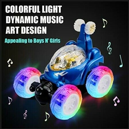 Remote Control Car RC Stunt Car Invincible 360°Rolling Twister with Colorful Lights & Music Switch Boys and Girls (Blue)