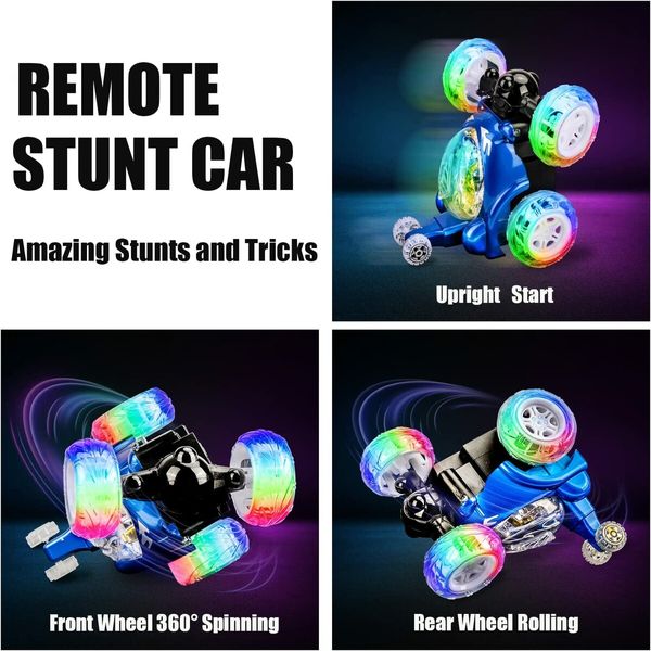 Remote Control Car RC Stunt Car Invincible 360°Rolling Twister with Colorful Lights & Music Switch Boys and Girls (Blue)