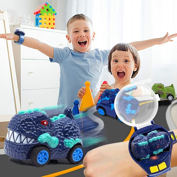 Dinosaur Mini Watch Remote Control Car Toy 2.4 GHz Wrist Hobby with USB Charging Toys Gift (Blue)