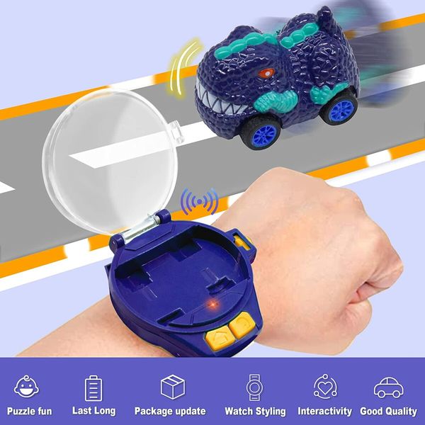 Dinosaur Mini Watch Remote Control Car Toy 2.4 GHz Wrist Hobby with USB Charging Toys Gift (Blue)