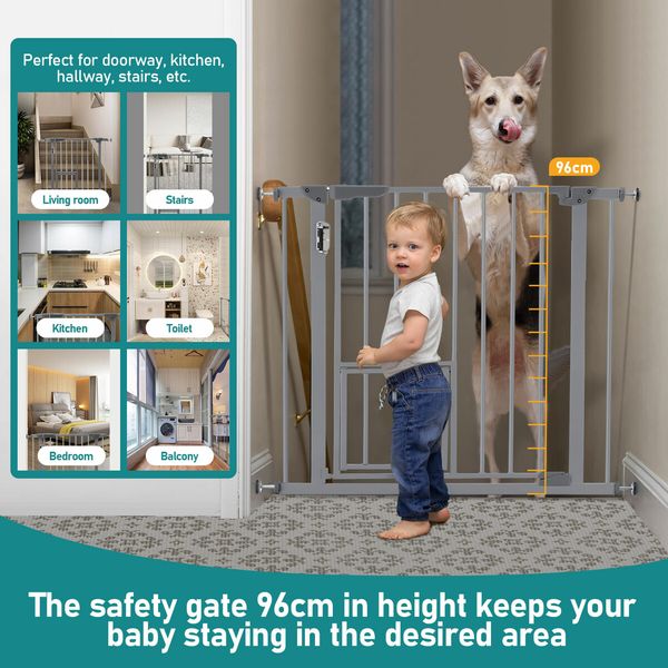 Safety Pet Gate Dog Security Guard Adjustable Kids Safe Fence Barrier for Stairs w/ Walk Through Door 96cm Grey