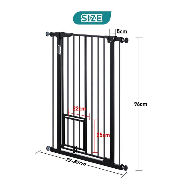 Safety Dog Pet Gate Adjustable Kids Security Safe Fence Barrier Guard for Stairs With Walk Through Door 96cm Black