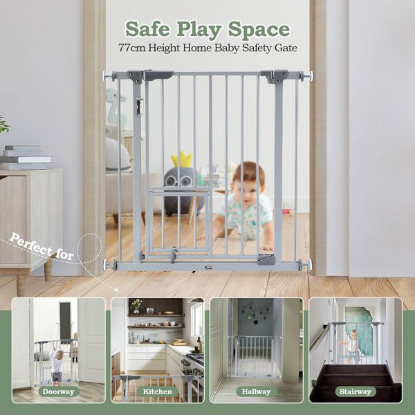 Dog Safety Gate Pet Barrier Kids Safe Fence Security Guard for Stairs Adjustable w/ Walk Through Door 77cm Grey