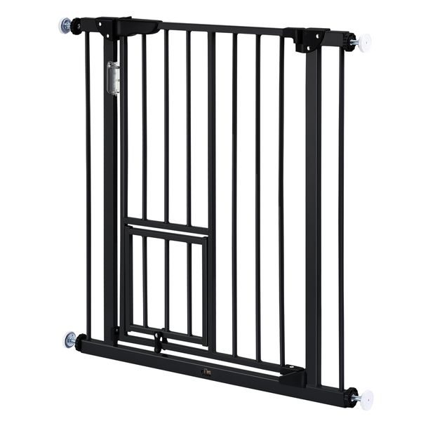 Safety Dog Gate Adjustable Pet Barrier Kids Security Guard Safe Fence for Stairs w/ Walk Through Door 77cm Black