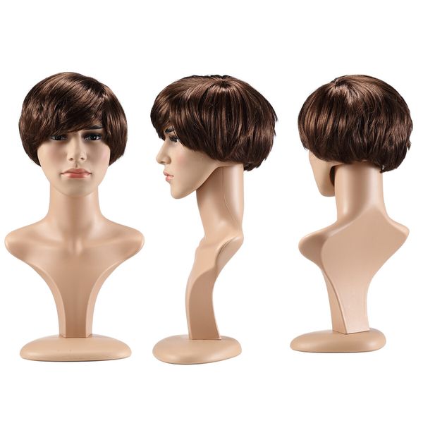 Short Straight Wig Hair Brown Fake False Synthetic Fibre for Men Mannequin 20CM