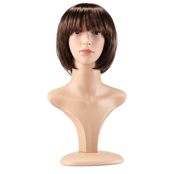 Short Straight Wig Brown Hair Fake False Synthetic Fibre for Women Female Mannequin 25CM