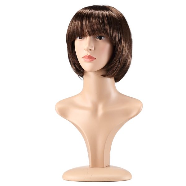 Short Straight Wig Brown Hair Fake False Synthetic Fibre for Women Female Mannequin 25CM