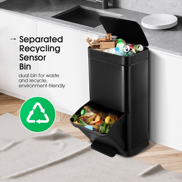 Rubbish Bin Recycling 70L Kitchen Waste Trash Can Dust Garbage Pedal Motion Sensor Dual Compartment Stainless Steel Container Household